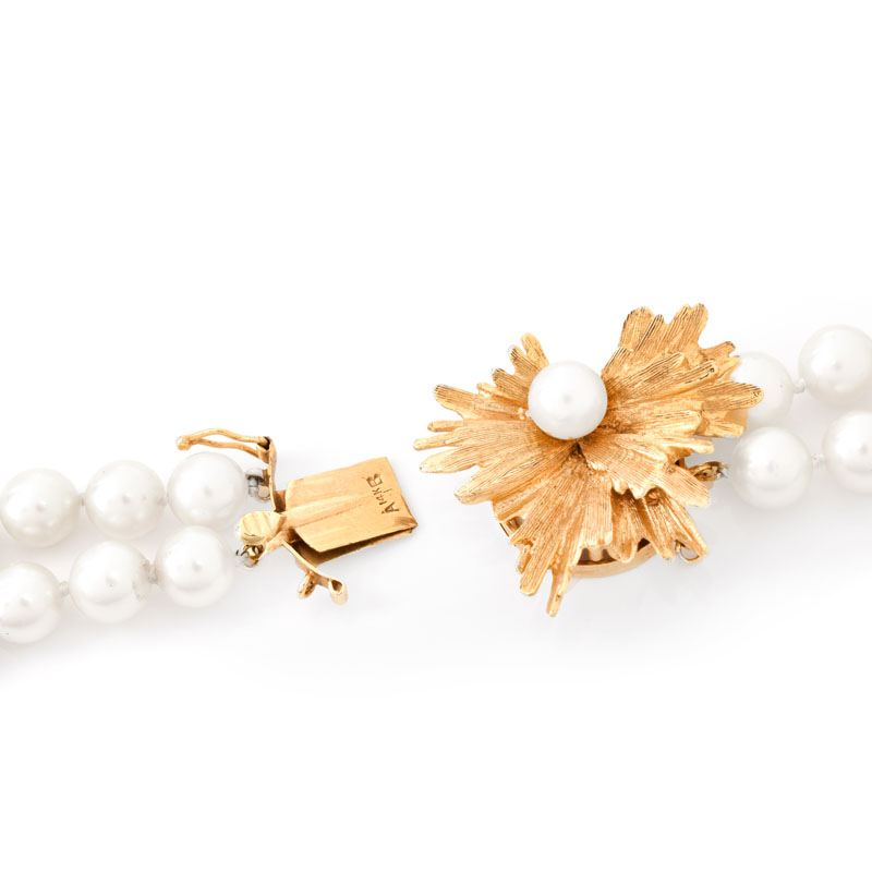 Vintage Two (2) Strand Pearl Necklace with 14 Karat Yellow Gold and Pearl Clasp.
