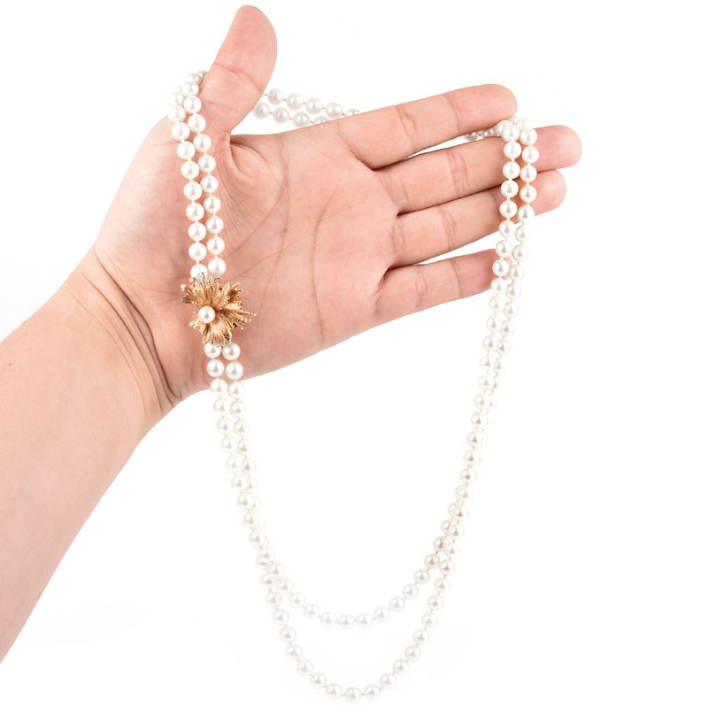 Vintage Two (2) Strand Pearl Necklace with 14 Karat Yellow Gold and Pearl Clasp.