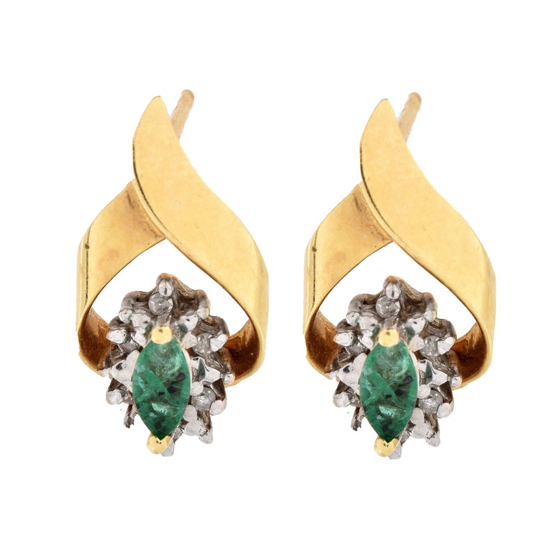 Three (3) Pair of Vintage 14 Karat Yellow Gold Earrings Set with Tiger Eye, Aquamarines, Emerald and Diamonds.