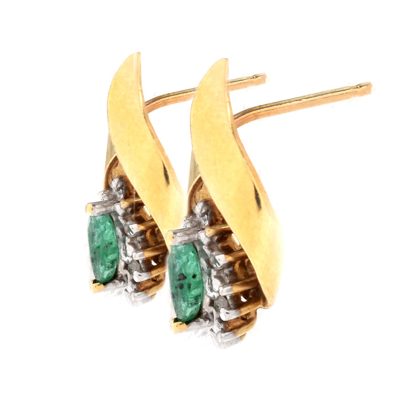 Three (3) Pair of Vintage 14 Karat Yellow Gold Earrings Set with Tiger Eye, Aquamarines, Emerald and Diamonds.