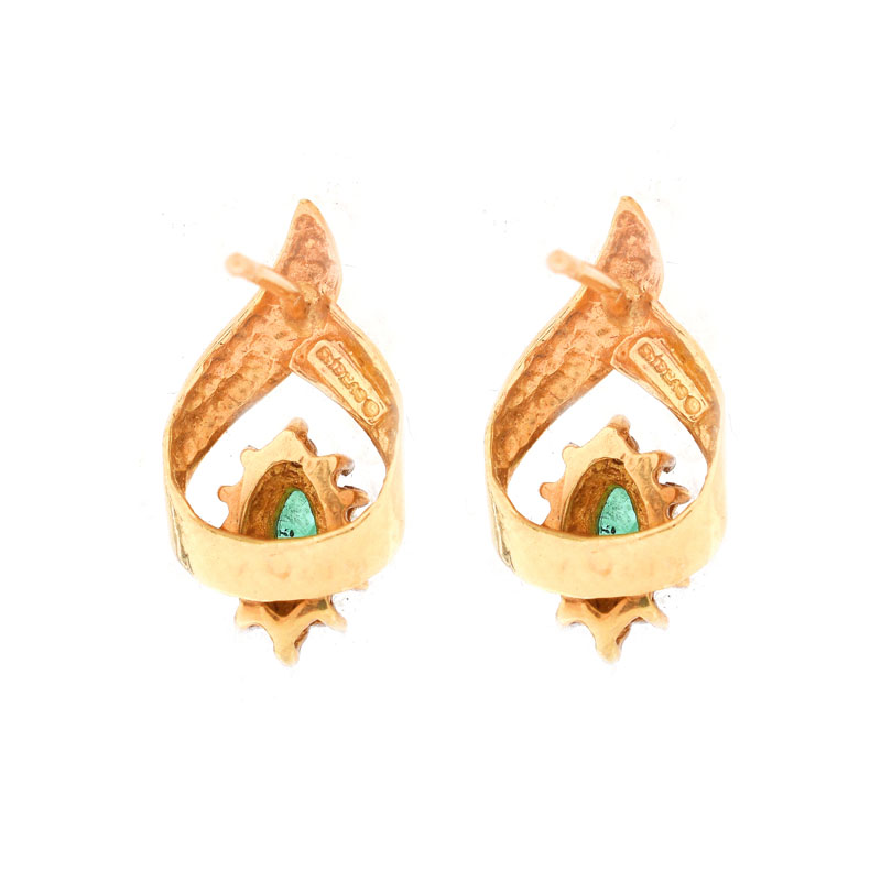 Three (3) Pair of Vintage 14 Karat Yellow Gold Earrings Set with Tiger Eye, Aquamarines, Emerald and Diamonds.