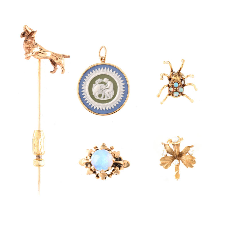 Five (5) Piece 14 Karat Yellow Gold Including a Porcelain Pendant, a Dog Stickpin, a Flower Brooch with Small Diamonds and Pearl, Two (2) Small Pins with Opals.