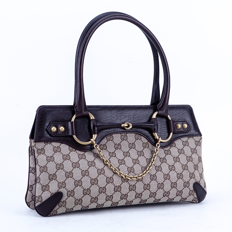 Gucci Beige/Brown Monogram Canvas And Leather Horsebit Tote Handbag.