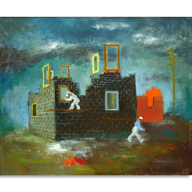 Cecile Belle Carson, American/French (1900 - 1996) Oil on Canvas, Builders: Outdoor Scene with Figures, Signed Lower Right.