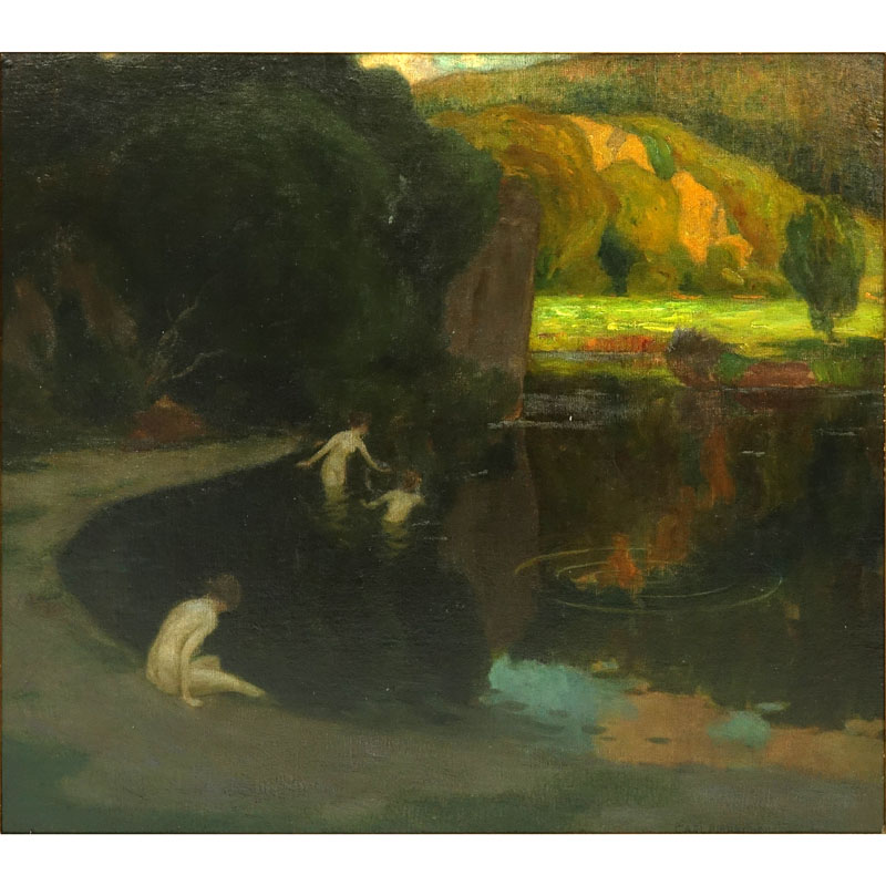 Karl Johann Nikolaus Piepho, Germany (1869 - 1920) Oil on canvas laid down on masonite "The Bathers" Signed lower right, label en verso.