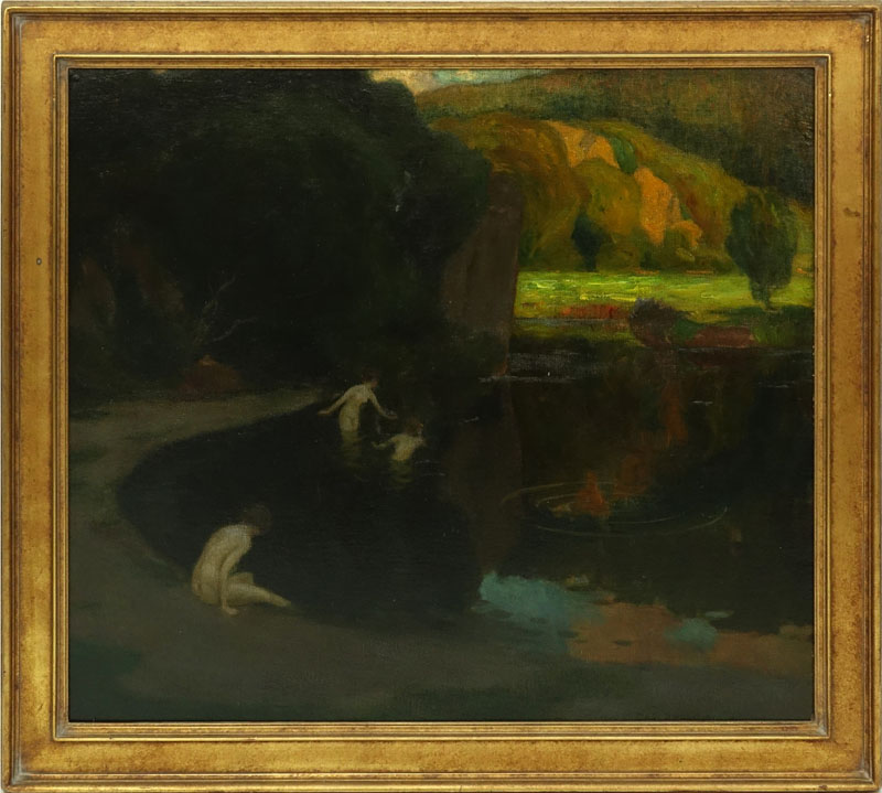 Karl Johann Nikolaus Piepho, Germany (1869 - 1920) Oil on canvas laid down on masonite "The Bathers" Signed lower right, label en verso.