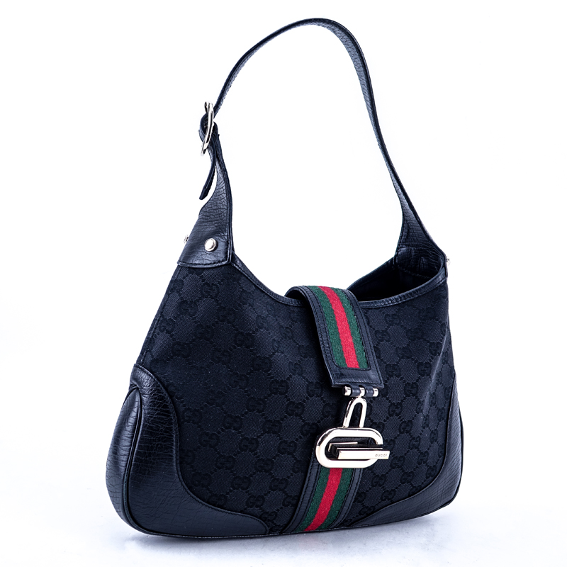 Gucci Black Monogram Canvas And Leather Junco Web Small Hobo Bag.