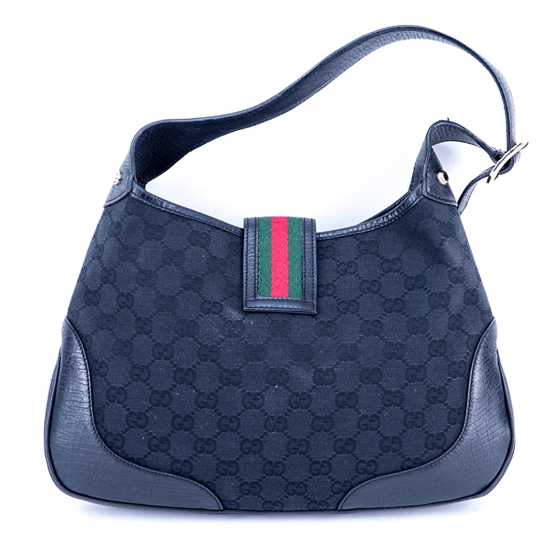 Gucci Black Monogram Canvas And Leather Junco Web Small Hobo Bag.