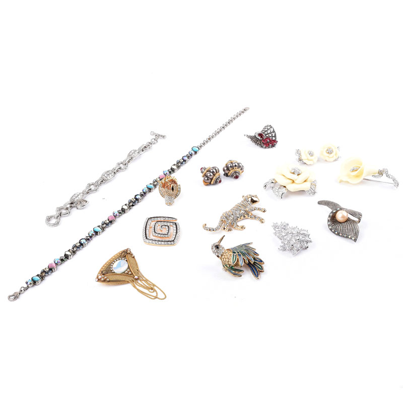 Collection of Costume Jewelry Including Brooches, Bracelet, Ring, Necklace, and Earrings.