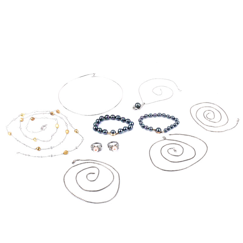 Collection of Sterling Silver Jewelry Including Six (6) Necklaces (two with faux diamonds), Two (2) Rings with Pearls, Two (2) Black Pearl Bracelets.