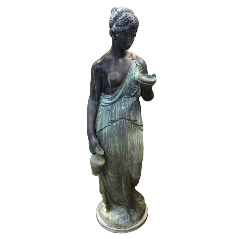 Life Size Classical Patinated Bronze Entry or Garden Sculpture, Nude Female Holding Jars.