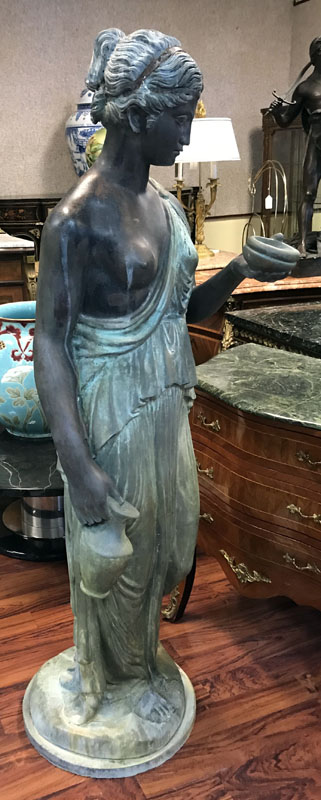 Life Size Classical Patinated Bronze Entry or Garden Sculpture, Nude Female Holding Jars.