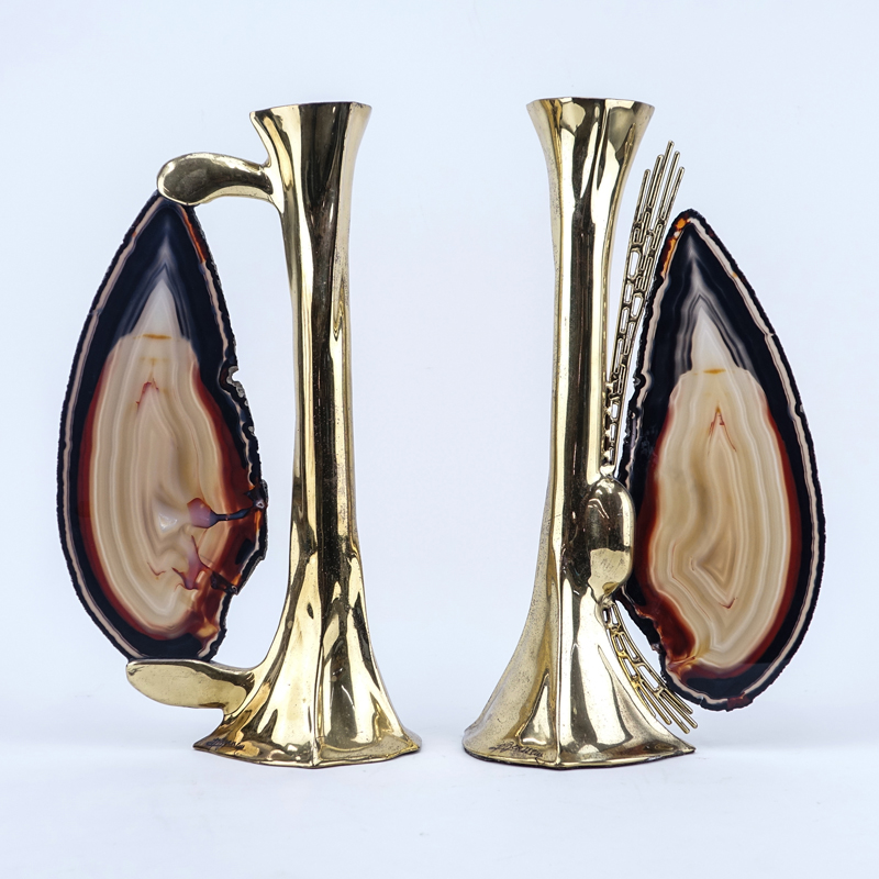 Jacques Duval-Brasseur, French (20th C) Pair of Brass and Specimen Stone Candlesticks.