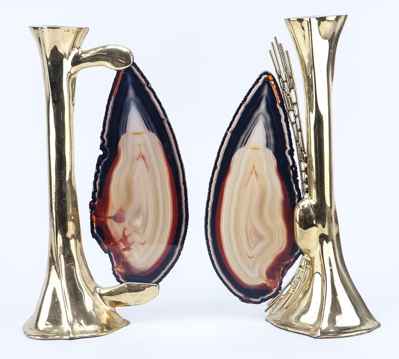Jacques Duval-Brasseur, French (20th C) Pair of Brass and Specimen Stone Candlesticks.