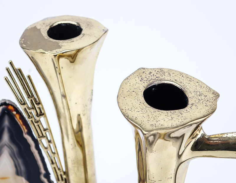 Jacques Duval-Brasseur, French (20th C) Pair of Brass and Specimen Stone Candlesticks.