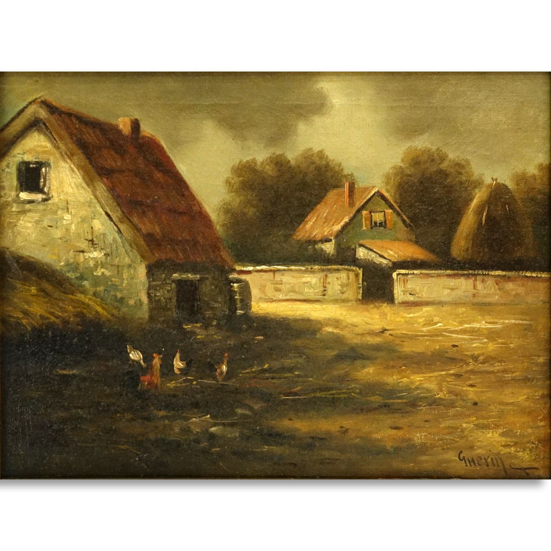 Antique European School Oil on Canvas, Farmhouse with Roosters, Signed Lower Right.