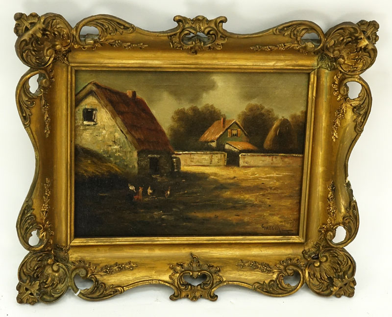 Antique European School Oil on Canvas, Farmhouse with Roosters, Signed Lower Right.