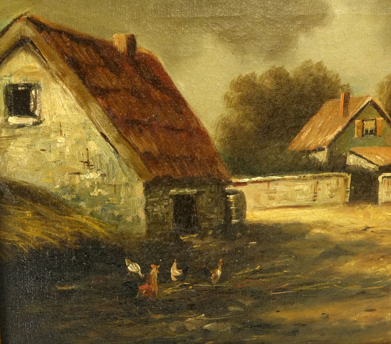 Antique European School Oil on Canvas, Farmhouse with Roosters, Signed Lower Right.