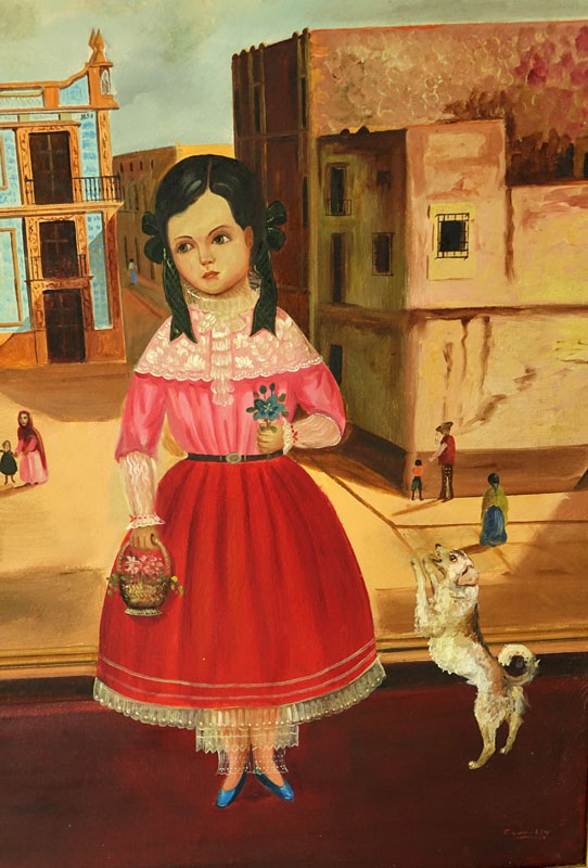 Lilia Carrillo, Mexican (1930 - 1974) Oil on Canvas, Young Girl with Dog in Outdoor Scene, Signed Lower Right.