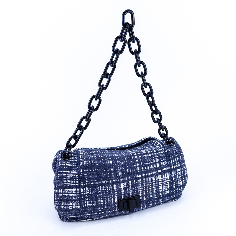 Prada Blue and White Tweed Flap Bag. Black lucite chain and hardware. Blue and pink leather interior with zipper pocket.
