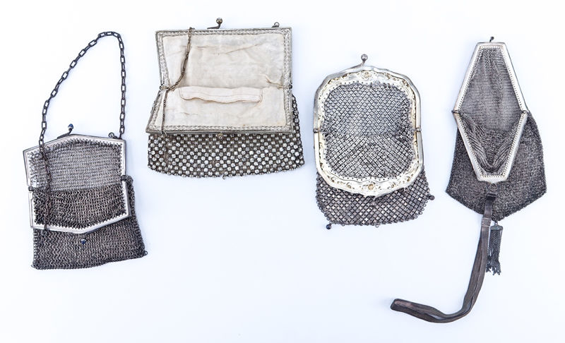 Lot of Four (4) Antique Sterling Silver And Silver Plated Mesh, Beaded Bags.