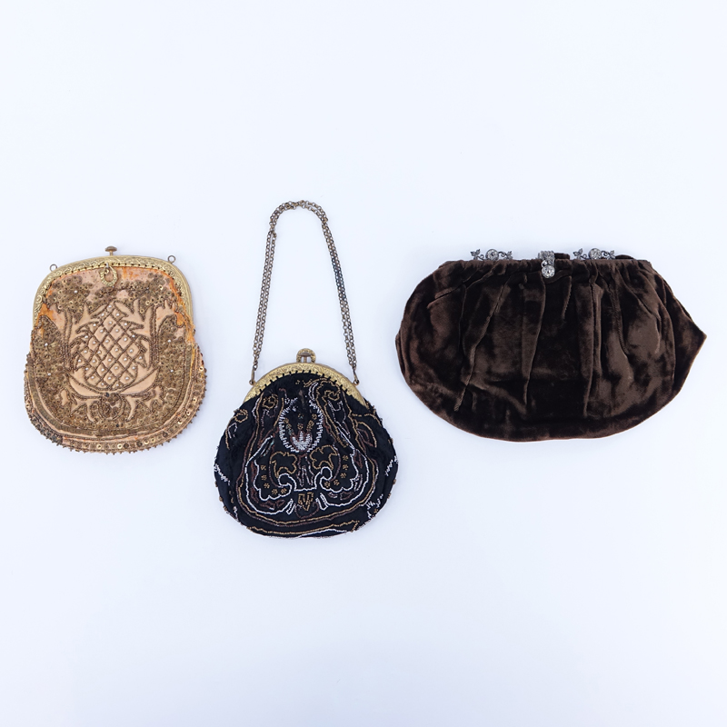 Three (3) Antique Beaded And Crushed Velvet Bags.
