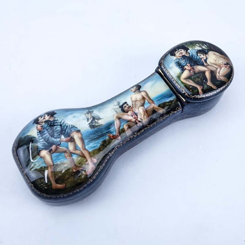 Russian Phallus Shaped  Lacquered Box with Painted Homoerotic Scene depicting Russian sailors engaged in sex.