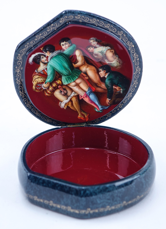 Russian Lacquered Box with Painted Homoerotic Scene to Top and Inside of Top.