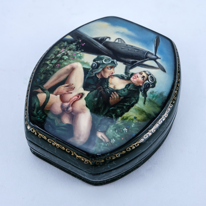 Russian Three (3) Part Lacquered Box with Painted Heteroerotic Scene to Top and Inside Top.