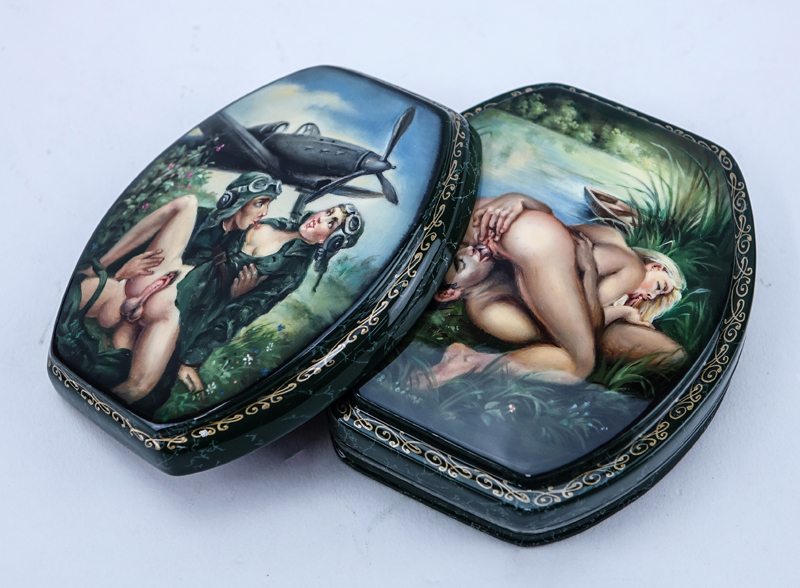Russian Three (3) Part Lacquered Box with Painted Heteroerotic Scene to Top and Inside Top.