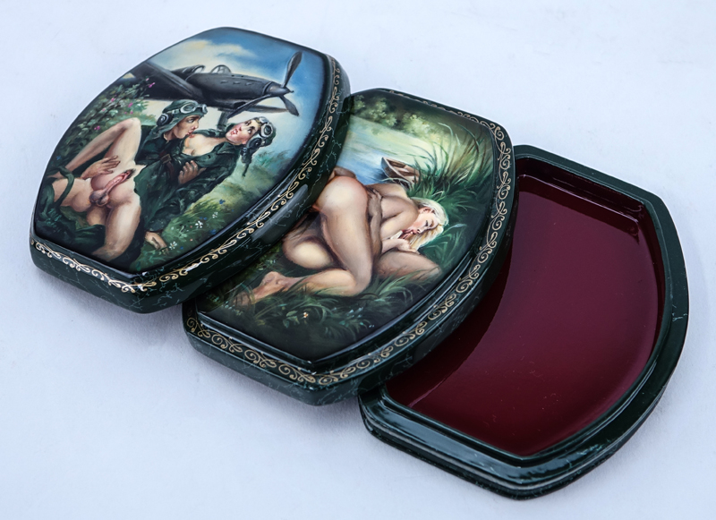 Russian Three (3) Part Lacquered Box with Painted Heteroerotic Scene to Top and Inside Top.