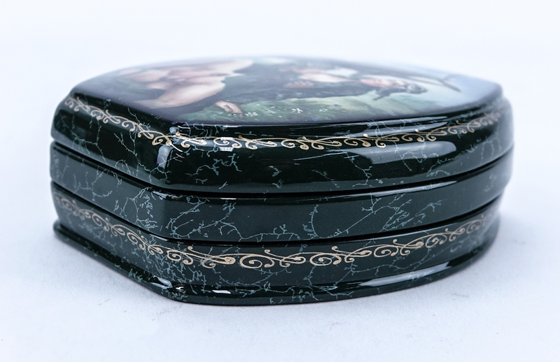 Russian Three (3) Part Lacquered Box with Painted Heteroerotic Scene to Top and Inside Top.