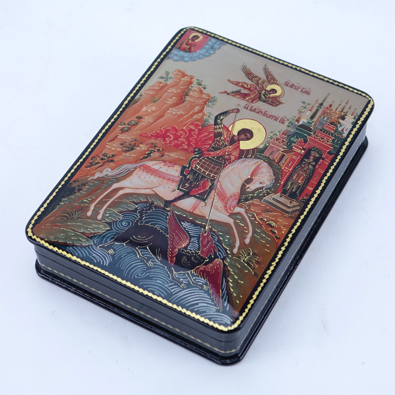 Russian Lacquer Box with Scene of Saint George Slaying the Dragon.