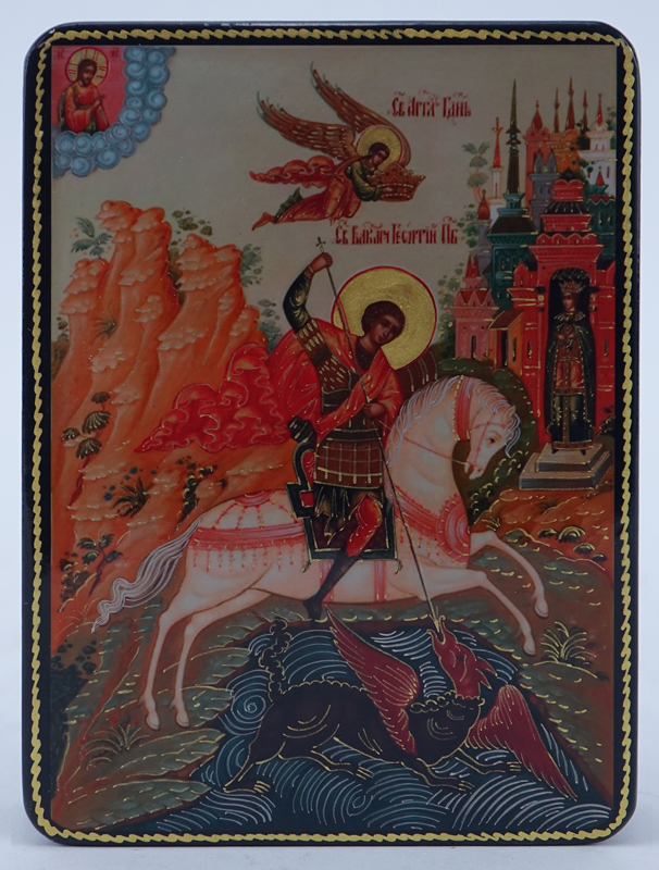 Russian Lacquer Box with Scene of Saint George Slaying the Dragon.