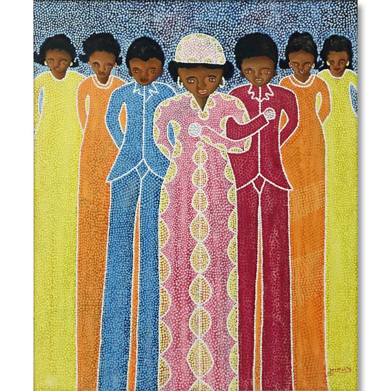 Attributed to: Hector Hyppolite, Haitian (1894 - 1948) Oil on Canvas, Women Joined at the Arms, Signed Lower Right.