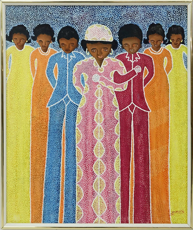 Attributed to: Hector Hyppolite, Haitian (1894 - 1948) Oil on Canvas, Women Joined at the Arms, Signed Lower Right.