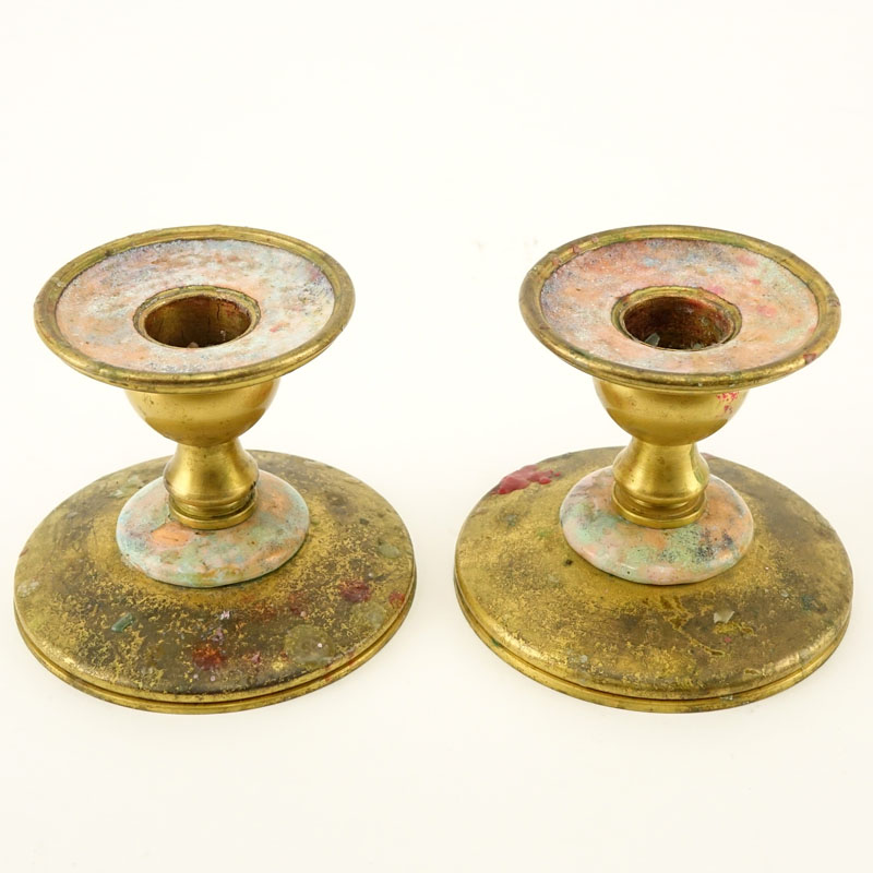 Pair Tiffany Furnaces Dore Metal Enameled Low Candlesticks.