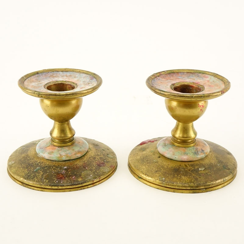 Pair Tiffany Furnaces Dore Metal Enameled Low Candlesticks.