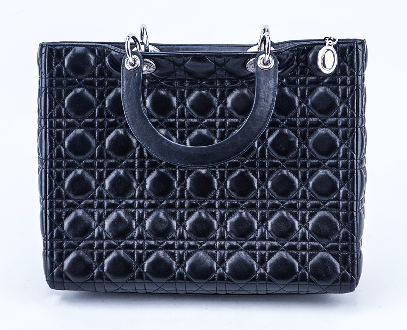 Christian Dior Black Cannage Quilted Leather Lady Dior GM Bag. Silver tone hardware.