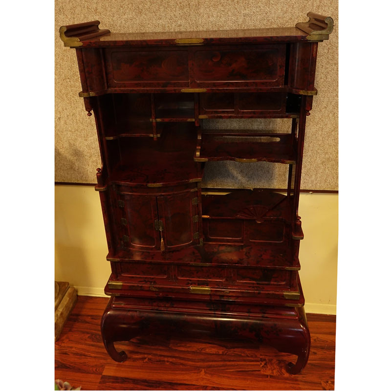 Early to Mid 20th Century Japanese Red Lacquered Cabinet.