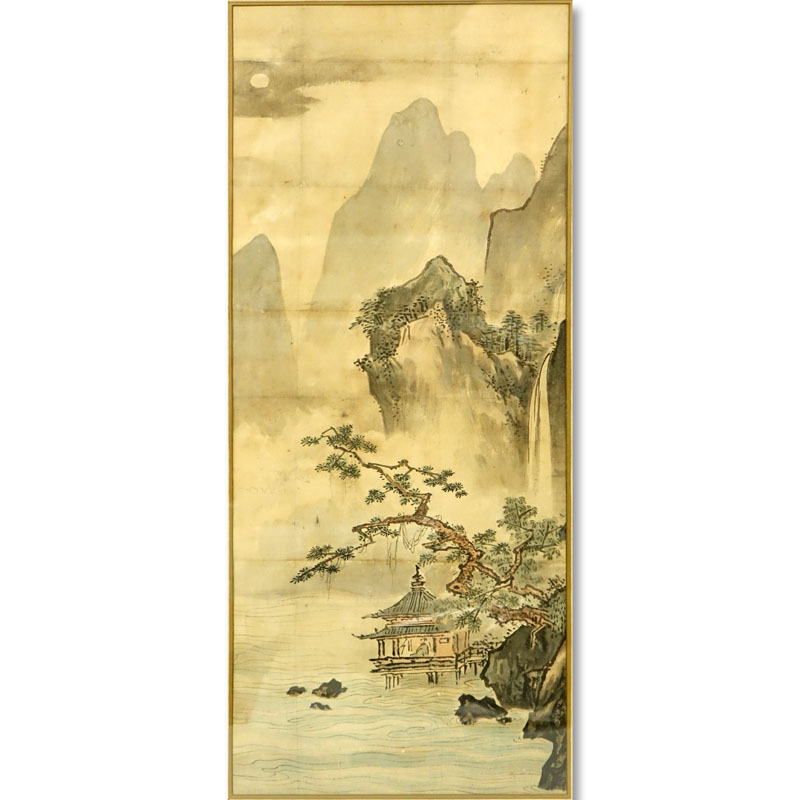 Large Antique Japanese Watercolor Scroll Painting, Landscape Scene.