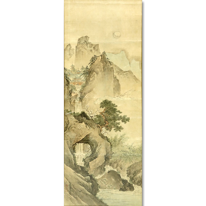 Large Antique Japanese Watercolor Scroll Painting, Landscape Scene.