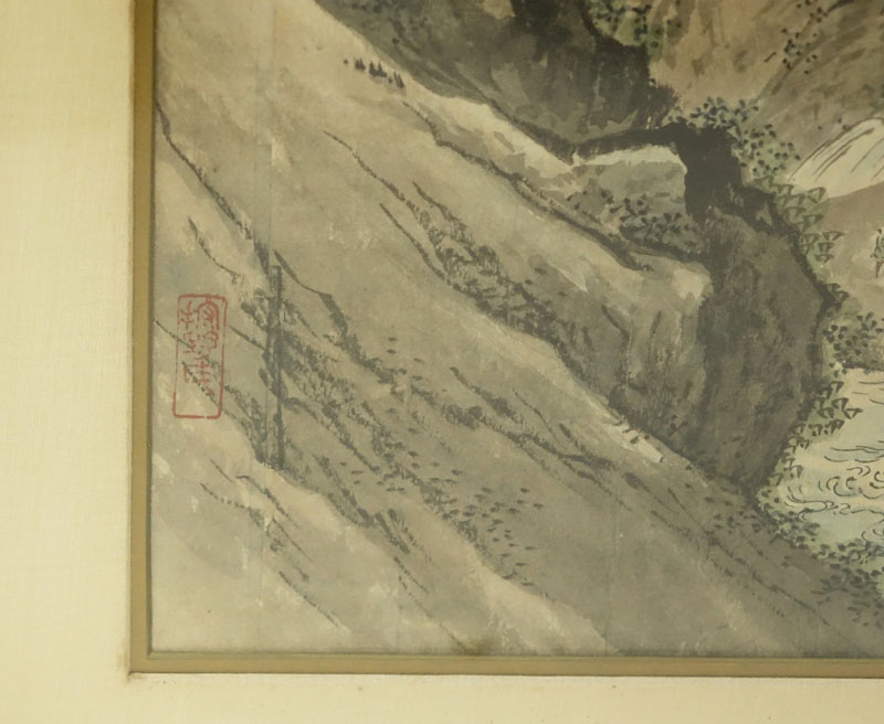 Large Antique Japanese Watercolor Scroll Painting, Landscape Scene.