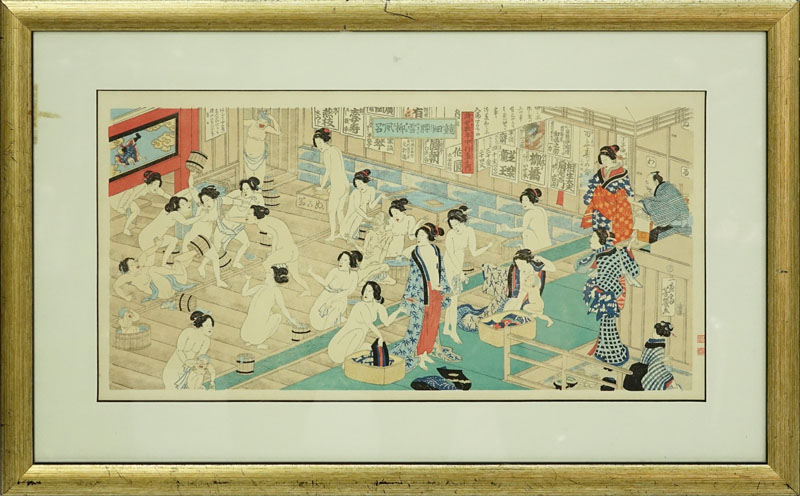 Utagawa Yoshiiku, Japanese (1833-1904) Color Woodblock Print, 'Querreling and Scuffling in Woman's Bathhouse", Signed.