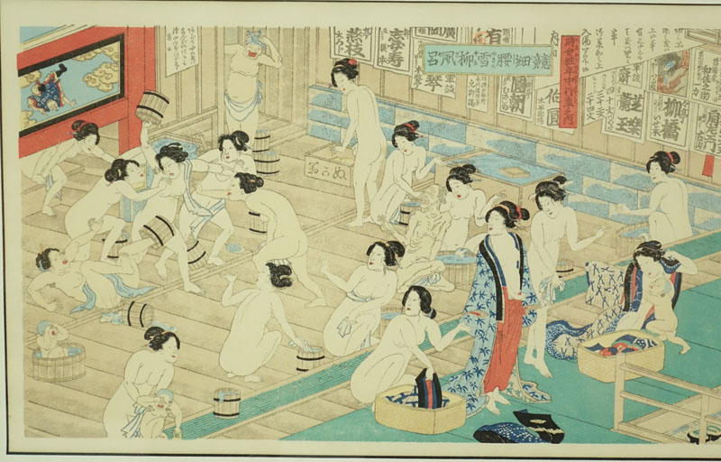 Utagawa Yoshiiku, Japanese (1833-1904) Color Woodblock Print, 'Querreling and Scuffling in Woman's Bathhouse", Signed.