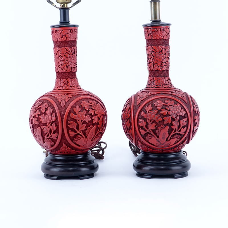 Pair of Chinese Cinnabar Style Vases Mounted as Lamps.