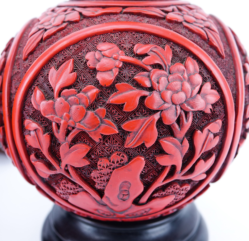 Pair of Chinese Cinnabar Style Vases Mounted as Lamps.