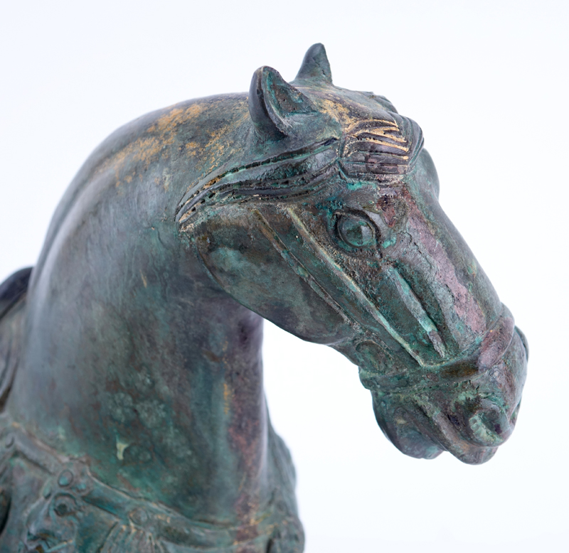 Chinese Tang Dynasty Style Patinated Bronze Model of a Horse on Wooden Stand.