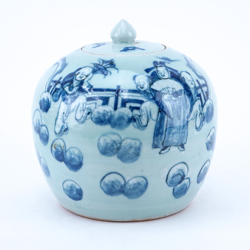 Antique Chinese Blue and White Celadon Glaze Porcelain Covered Ginger Jar.