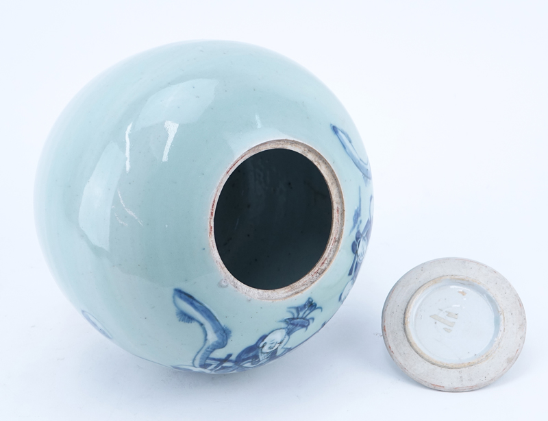 Antique Chinese Blue and White Celadon Glaze Porcelain Covered Ginger Jar.